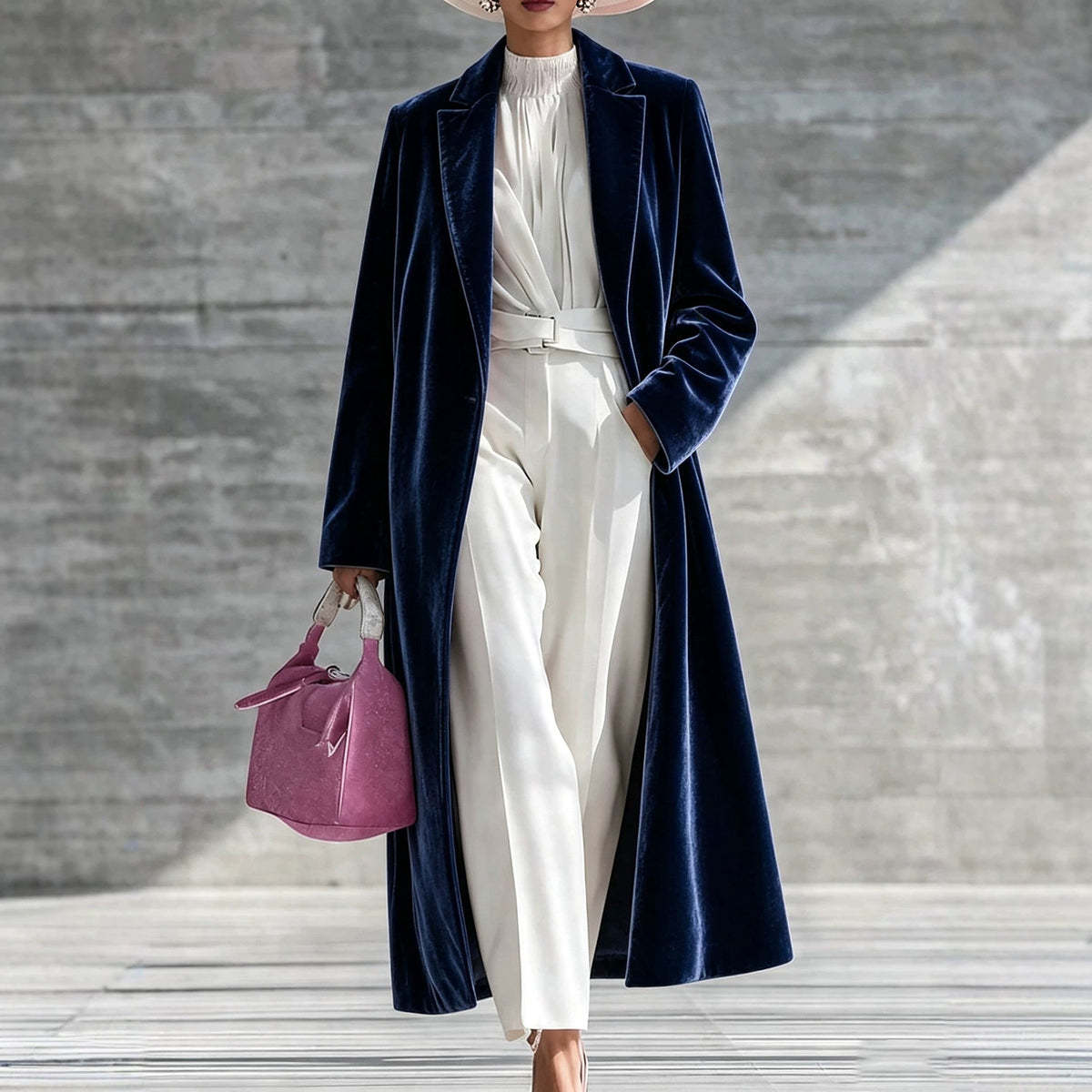 Women's V-neck over-the-knee velvet coat in rich fabric – front view