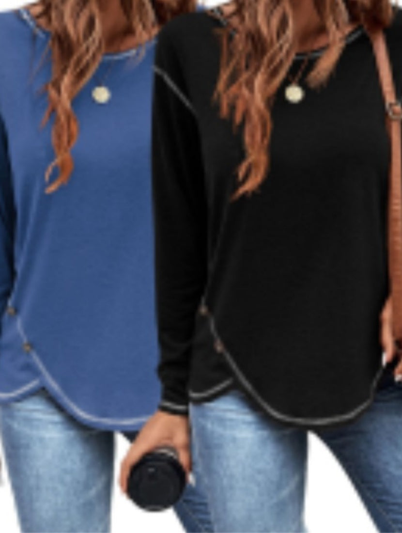 Women's solid button irregular edge T-shirt, front view