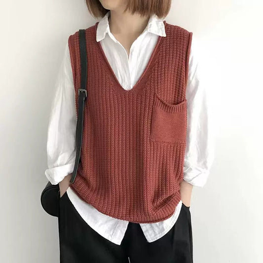 Simple V-neck artistic knit vest from My Store in a textured knit design