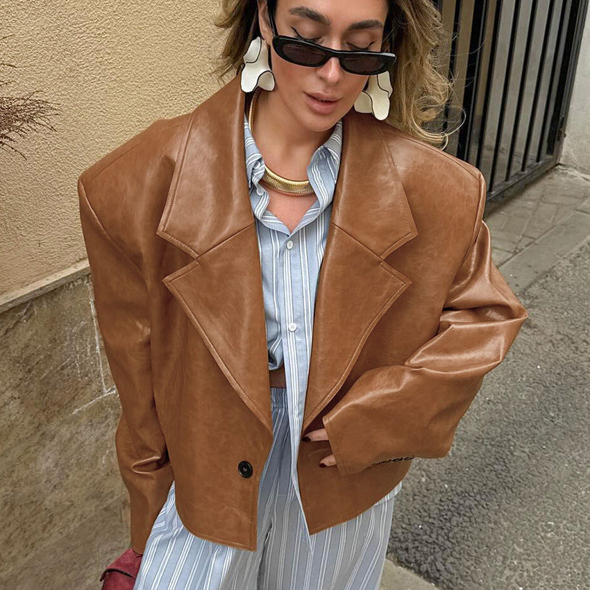 Women's black PU leather suit collar jacket coat front view