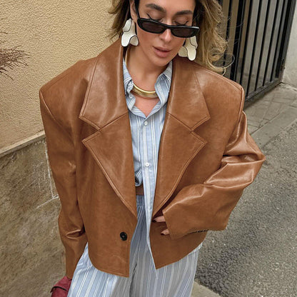 Women's black PU leather suit collar jacket coat front view