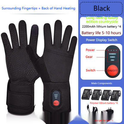 Outdoor mountaineering rechargeable heated gloves with insulated black fabric and touch-screen fingertips