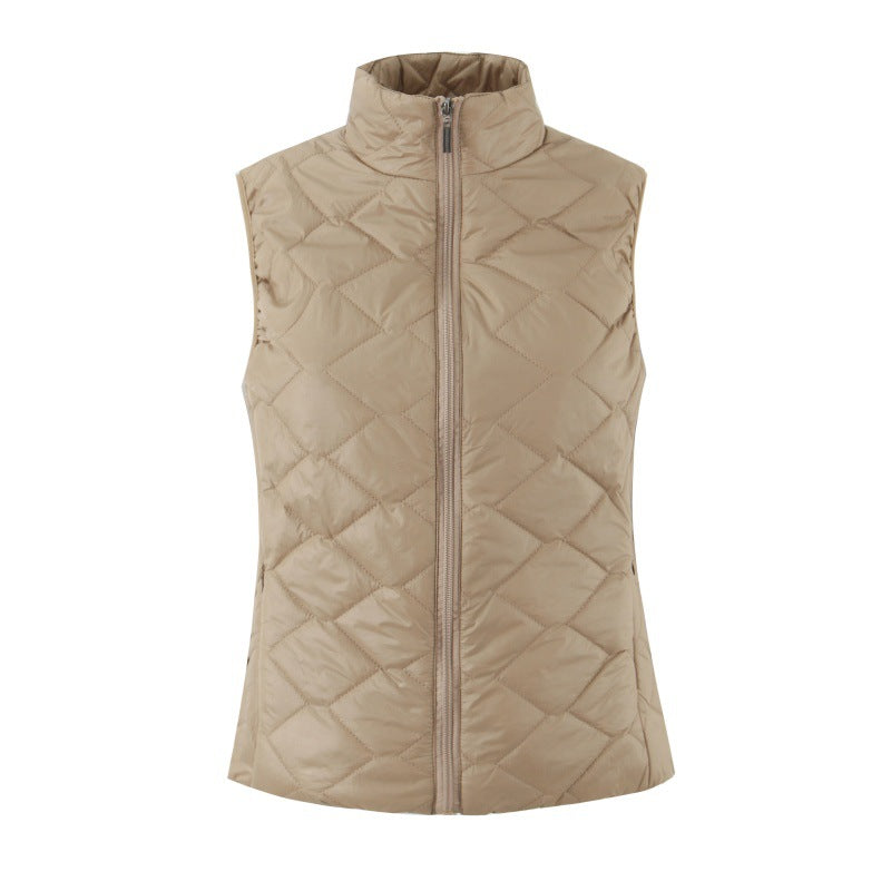 Women's zippered vest with stand collar, sleeveless waistcoat in neutral color