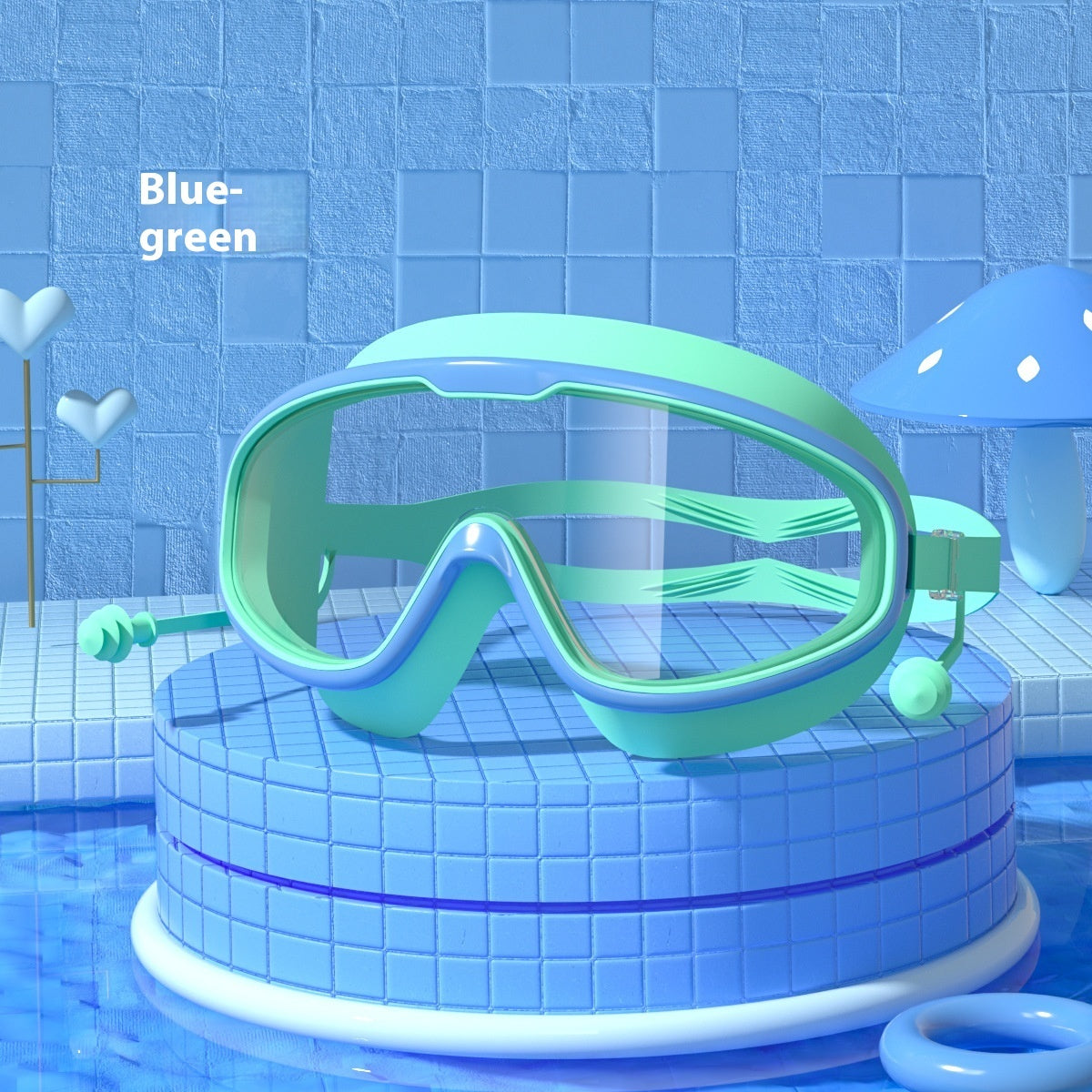 Large-frame waterproof non-fogging swimming goggles in clear blue with adjustable strap