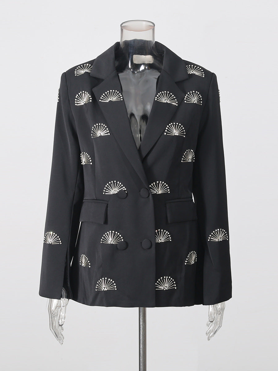 Rhinestone fan motif double-breasted tailored blazer jacket with notched lapels
