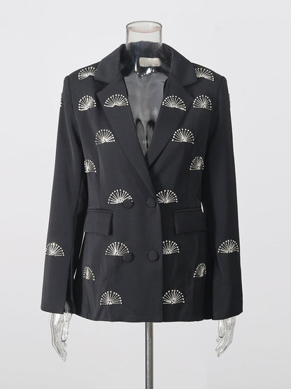 Rhinestone fan motif double-breasted tailored blazer jacket with notched lapels