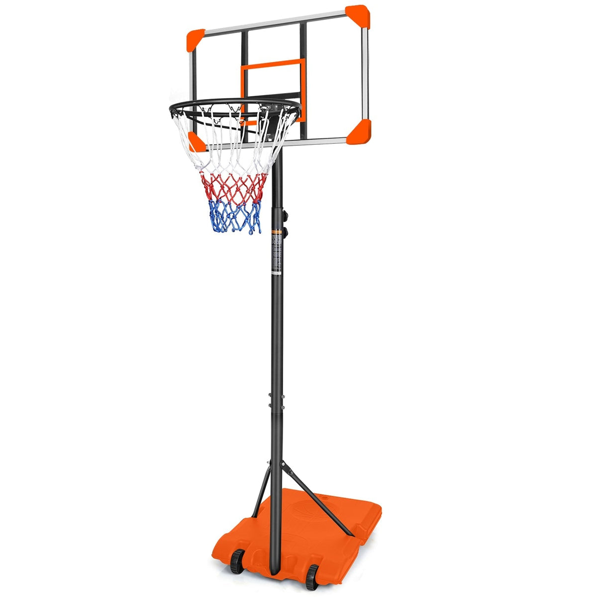 Adjustable kids basketball hoop from GBruno Store with wheels, height from 5.6 to 7 feet, suitable for outdoor play.