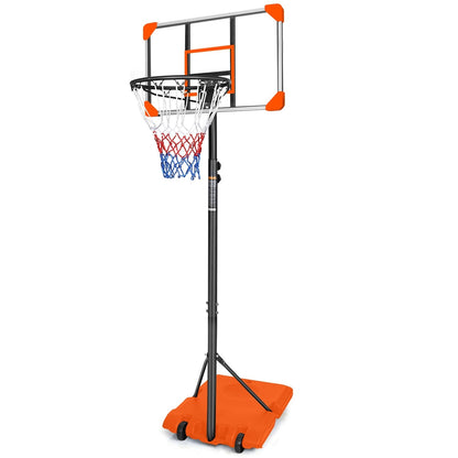 Adjustable kids basketball hoop from GBruno Store with wheels, height from 5.6 to 7 feet, suitable for outdoor play.