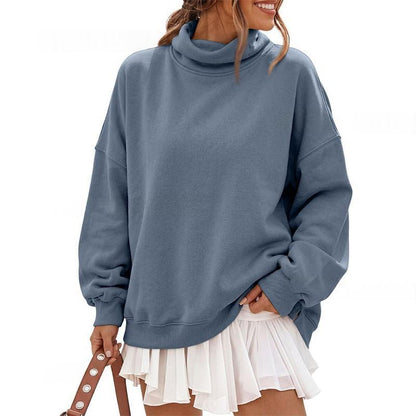 Solid-color half-high-neck casual loose hoodie in a simple design, front view