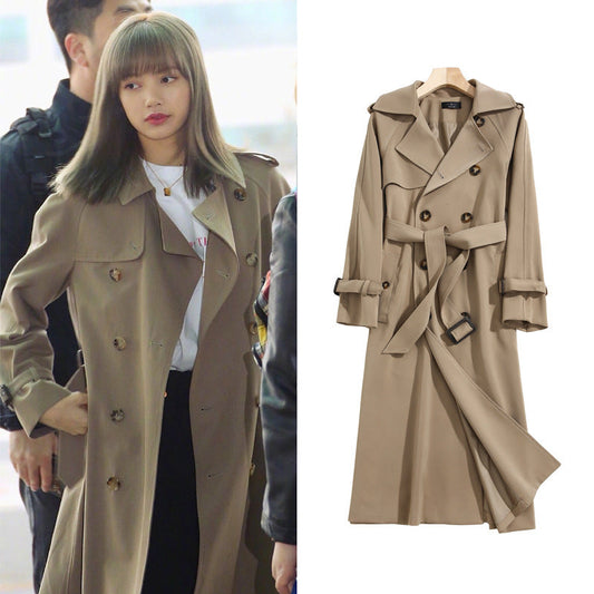 Mid-length autumn trench coat for petite women, featuring a classic silhouette and practical design