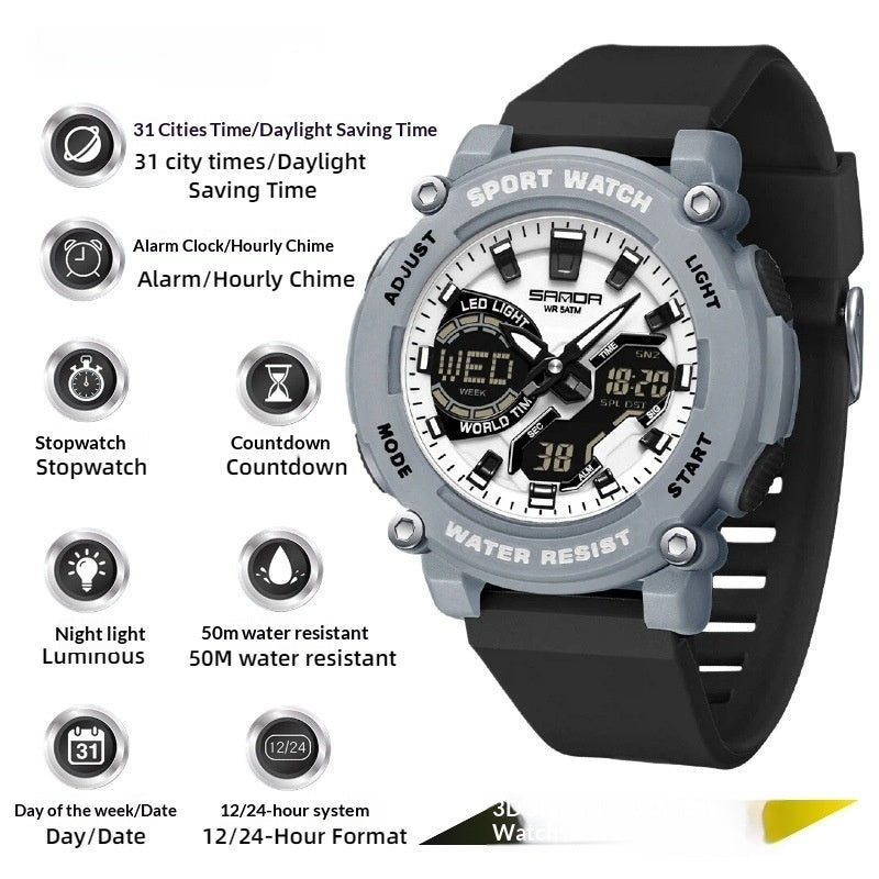 Dual-display luminous chronograph hiking watch for students, featuring digital and analog time display