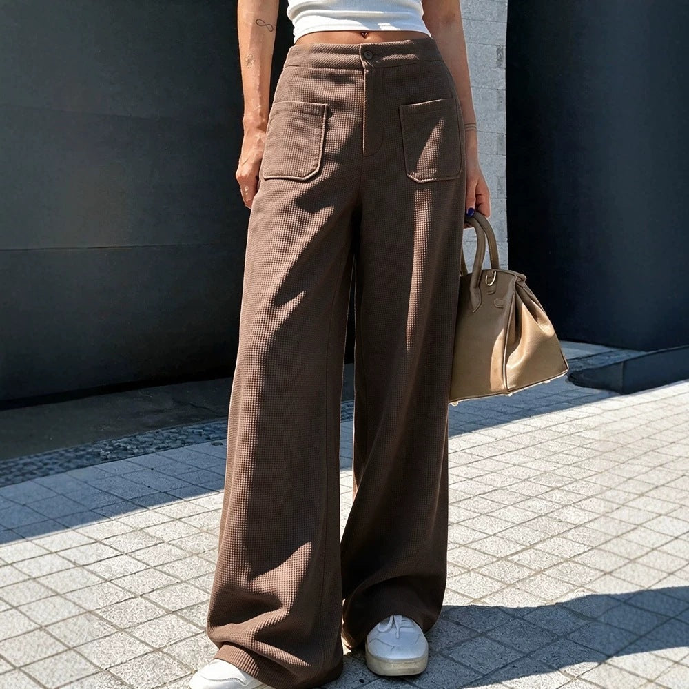 Women's casual loose-fit waffle-knit multi-color wide-leg pants, front view