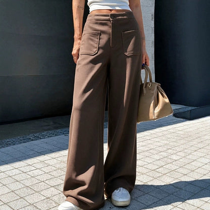 Women's casual loose-fit waffle-knit multi-color wide-leg pants, front view