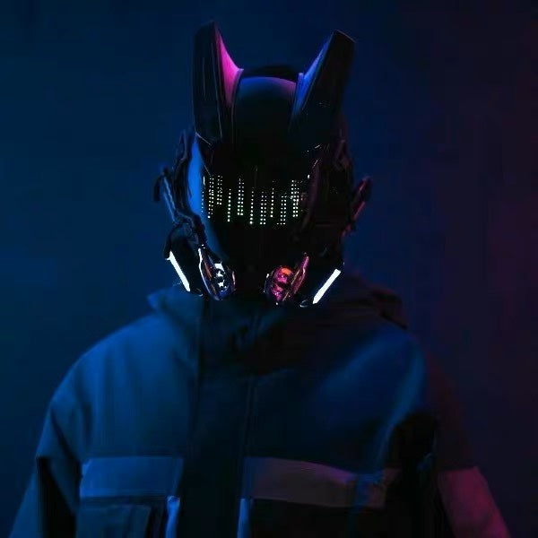 Luminous helmet mask with futuristic technology design, front view