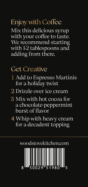 Wood Stove Kitchen Peppermint Mocha Coffee & Cocktail Syrup, 16 fl oz, showing a bottle of peppermint mocha flavored drink and cocktail mixer