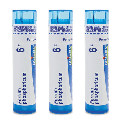 Boiron Ferrum Phosphoricum 6C homeopathic remedy for cold and flu relief, three-pack, with bottles and packaging visible.