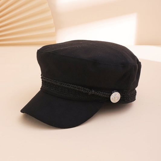 Navy vintage newsboy cap with lace edging, braided rope, and silver anchor button by My Store