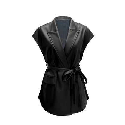 Women's sleeveless PU leather vest for fall and winter fashion in black
