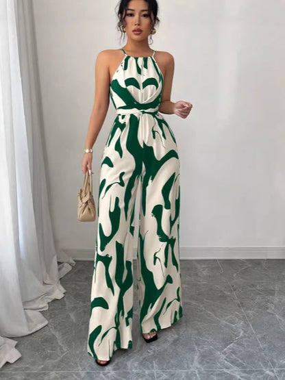 European American style milk-pattern halter neck jumpsuit with tie-back open-back bodysuit design