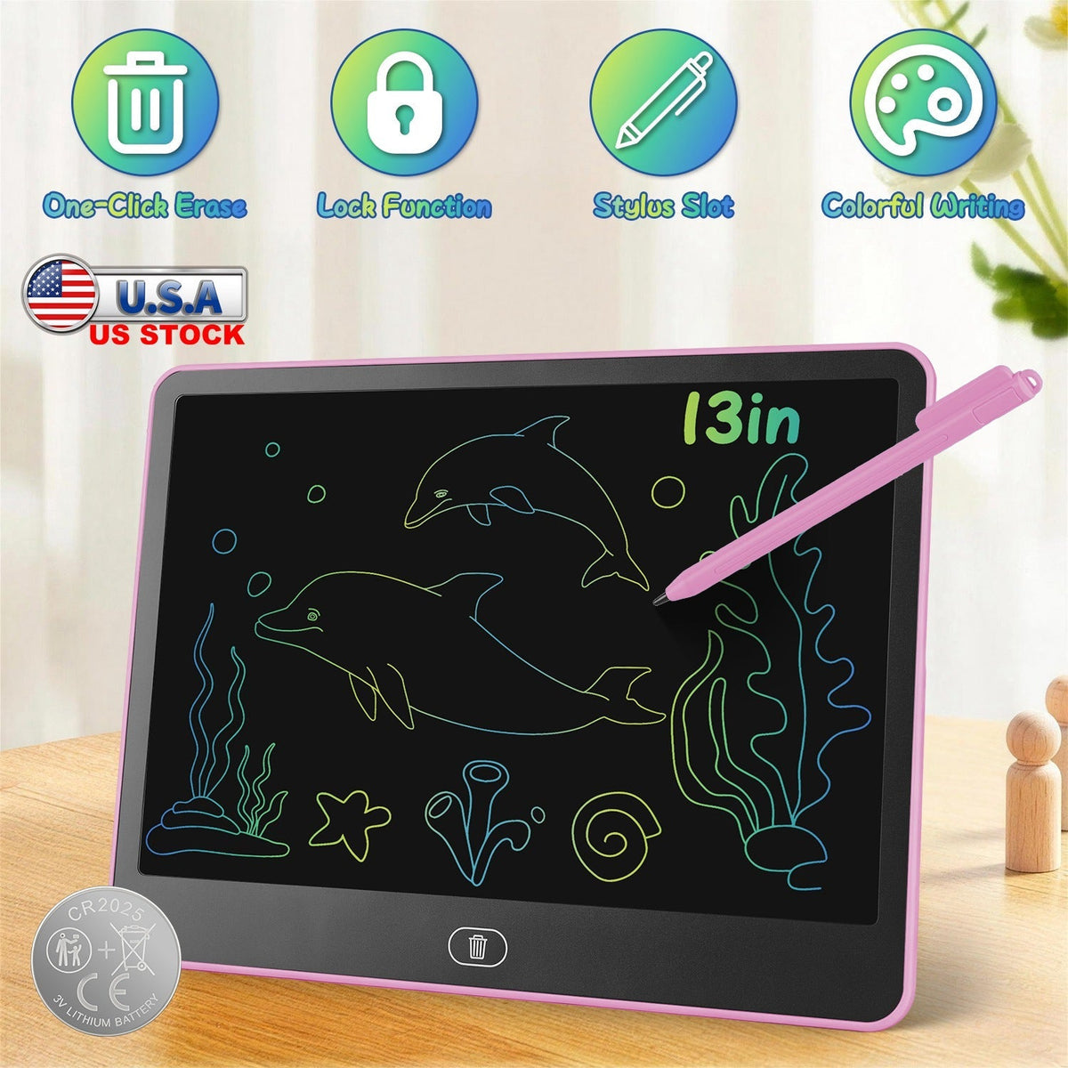 GBruno Store LCD writing tablet for kids with stylus and lock function, showing a colorful drawing on the screen.