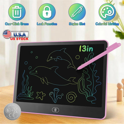 GBruno Store LCD writing tablet for kids with stylus and lock function, showing a colorful drawing on the screen.