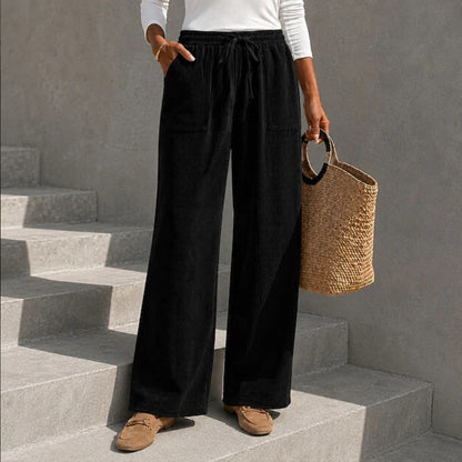 Women's corduroy wide-leg pants with elastic waist and drawstring, loose casual long pants