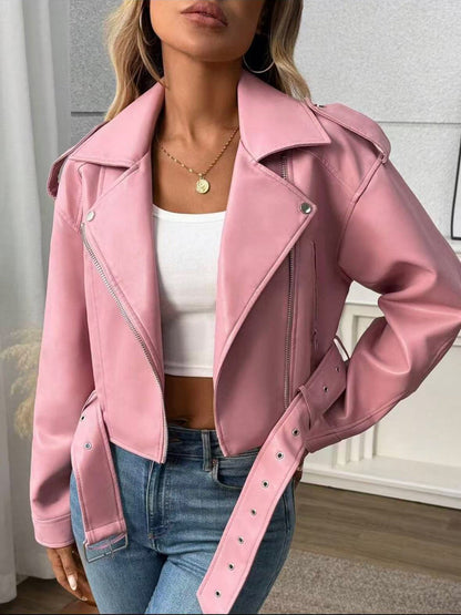 Vintage women's slim-fit short PU leather biker jacket with lapel collar, black front zipper and long sleeves