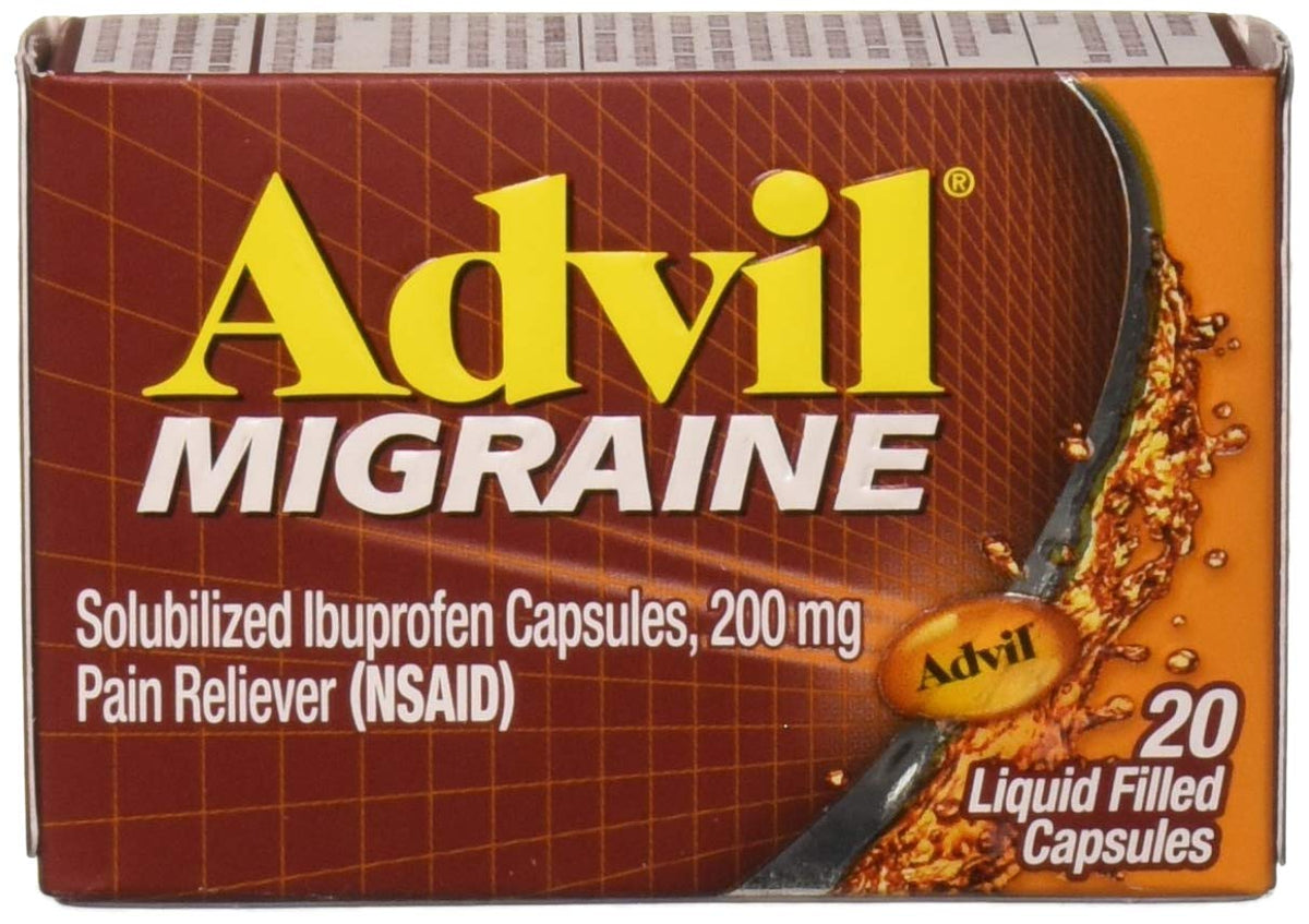 Advil Migraine Fast-Acting Liquid Caps by BACKUPMYFILESNOW, 20 count, 200mg, showing the medication bottle and caps.