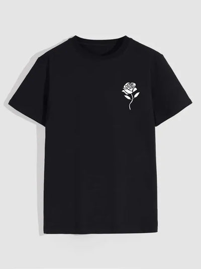 Men's casual crew neck T-shirt with rose print, oversized fit, by BACKUPMYFILESNOW.COM®. Stylish, comfortable men's fashion top.