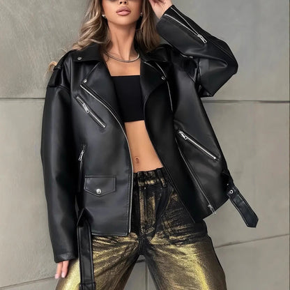 Women's leather biker jacket in a relaxed boyfriend-style fit, featuring a classic zip-front design