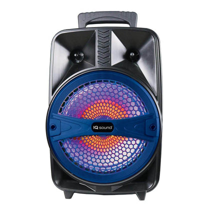 Supersonic IQ Sound 8-inch portable Bluetooth speaker with black textured exterior and control buttons on top.