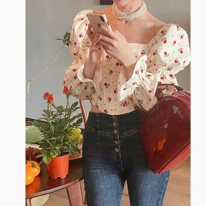 Slim Fit French Puff Sleeve Square Neck Shirt