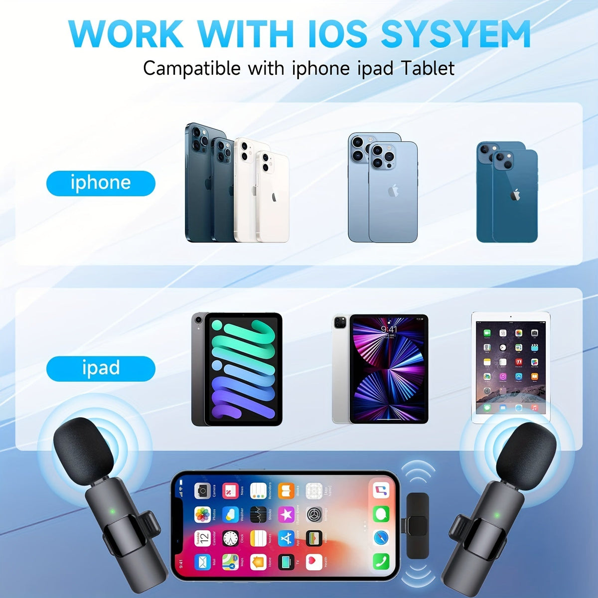 Wireless lavalier lapel microphone clip for iPhone and iPad, omnidirectional condenser mic for video and podcast recording