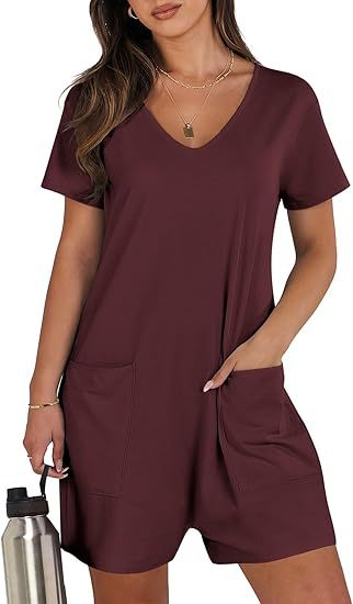 Women's summer casual sleeveless round-neck jumpsuit with short legs, belt, and pockets