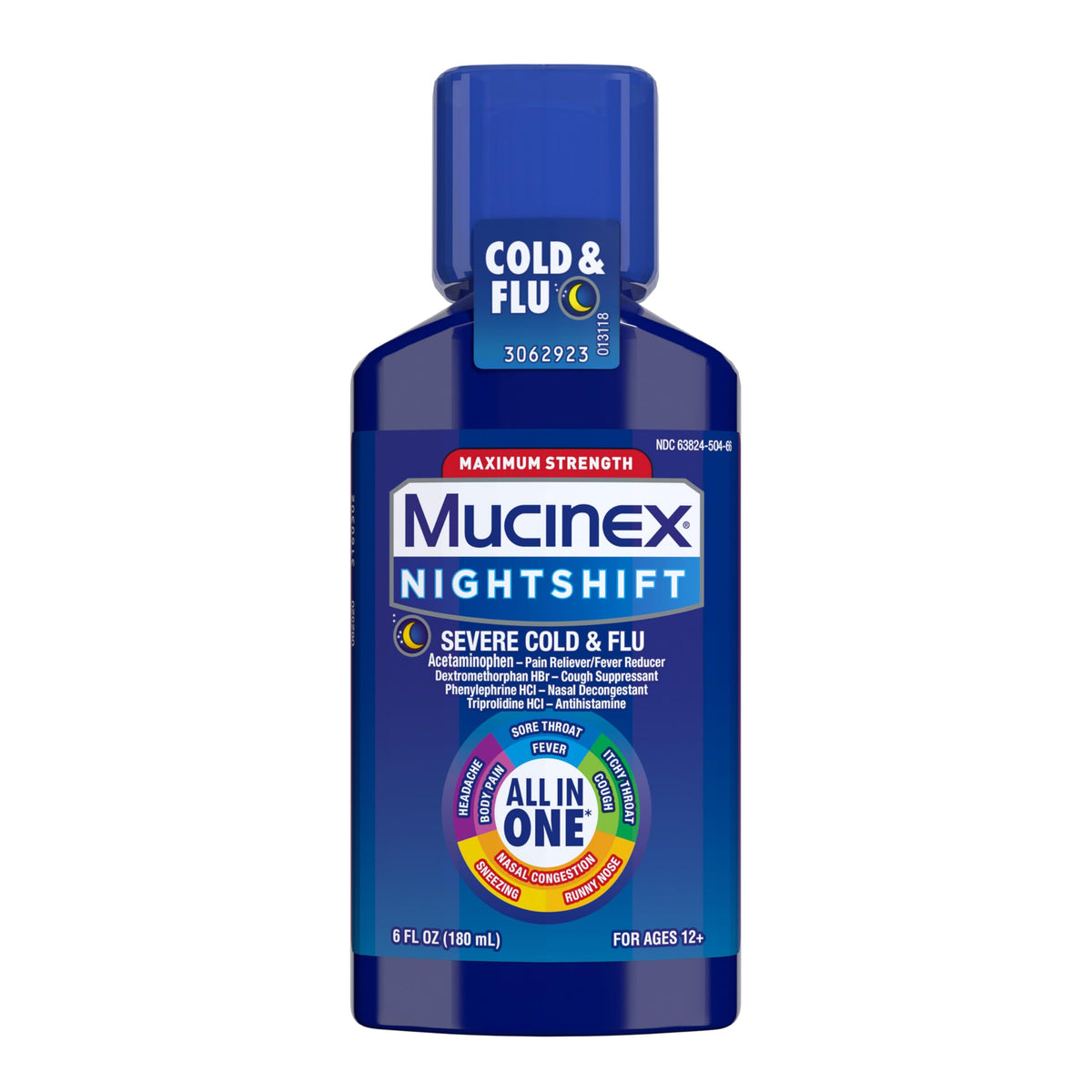 Mucinex NightTime Max Cold & Flu Severe Relief 6 oz bottle, showing the medication packaging and label.