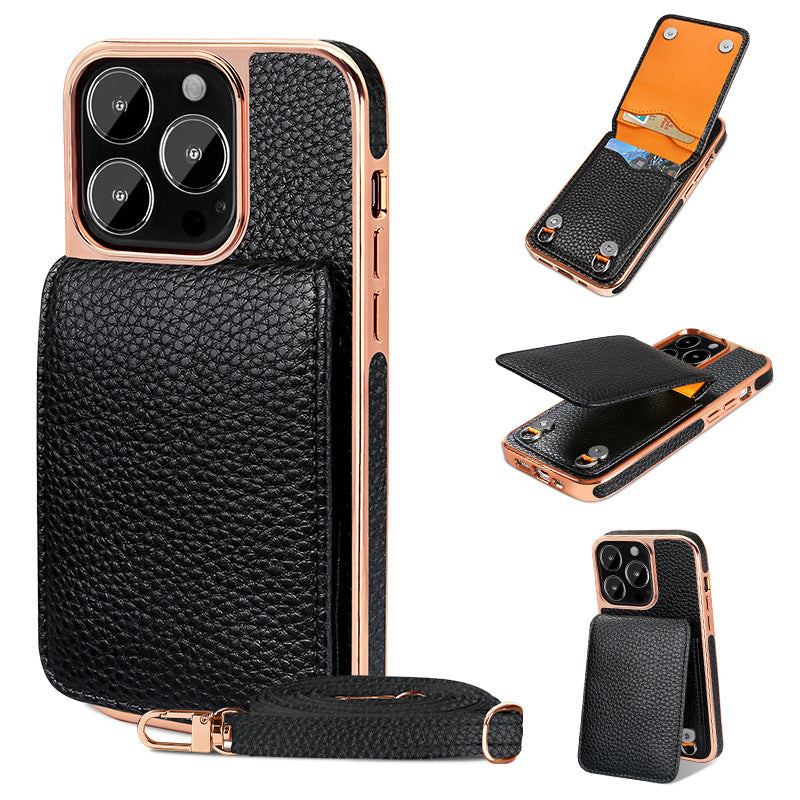 Litchi pattern wallet lanyard phone case for iPhone 14, textured protective cover with card holder