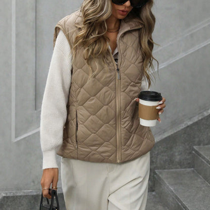 Women's zippered vest with stand collar, sleeveless waistcoat in a simple solid design