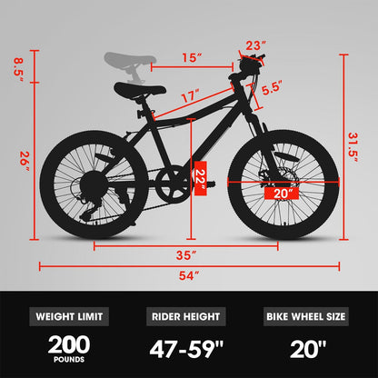 GBruno Store 20-inch kids mountain bike with 7-speed gears and front suspension, suitable for young riders on outdoor trails.