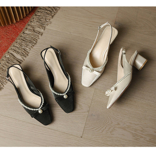 Women’s block heel closed toe sandals with square toe, back strap, pearl details, and high heel pumps