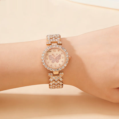 Women's butterfly-design diamond-embellished fashion quartz watch with a decorative butterfly dial and metal band