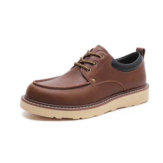 Men's low-top Martin boots in black genuine leather, American work shoe style with a rounded toe