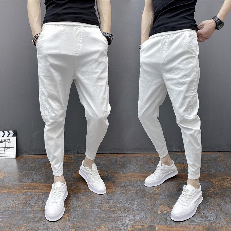 Slim-fitting ankle-length solid color elastic ankle-tied harem trousers by My Store