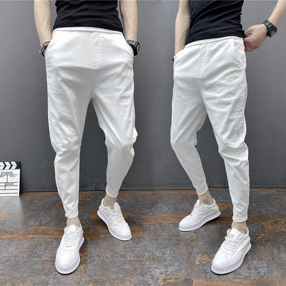 Slim-fitting ankle-length solid color elastic ankle-tied harem trousers by My Store