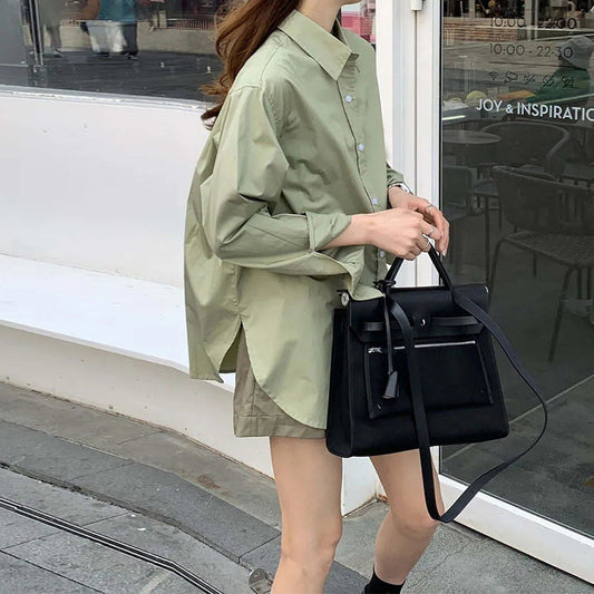 Spring autumn long sleeve thin shirt and PU jacket two-piece set, front view