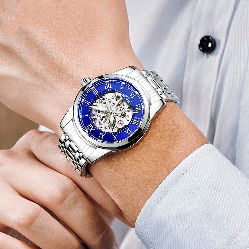 Men's waterproof automatic mechanical watch with minimalist hollow dial and luminous hands