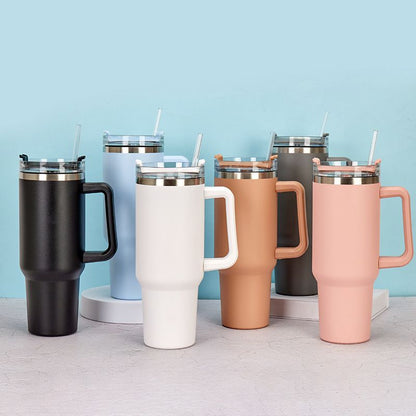 EasyOptionXY 40oz stainless steel Adventure Quencher tumbler with handle, vacuum insulation, ideal for ice-cold drinks and travel.