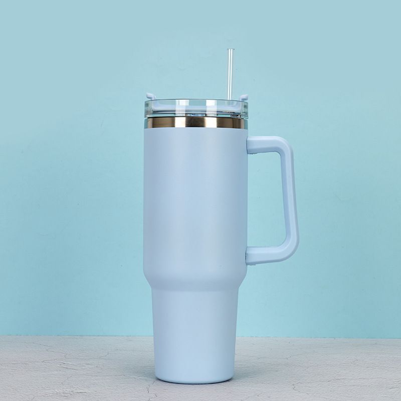EasyOptionXY 1200ml stainless steel travel mug with handle, straw, thermal insulation, and drinkware design for hot or cold beverages.