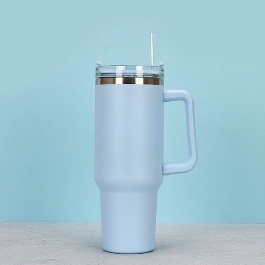 EasyOptionXY 1200ml stainless steel travel mug with handle, straw, thermal insulation, and drinkware design for hot or cold beverages.