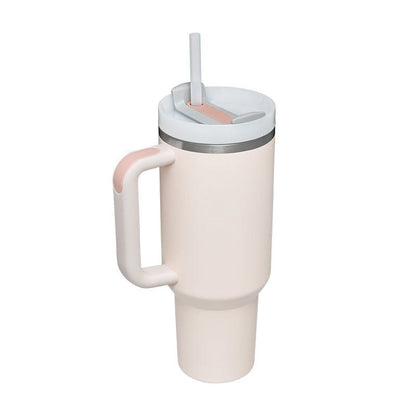 EasyOptionXY 1200ml stainless steel travel mug with handle, straw, and thermal insulation for hot and cold beverages.