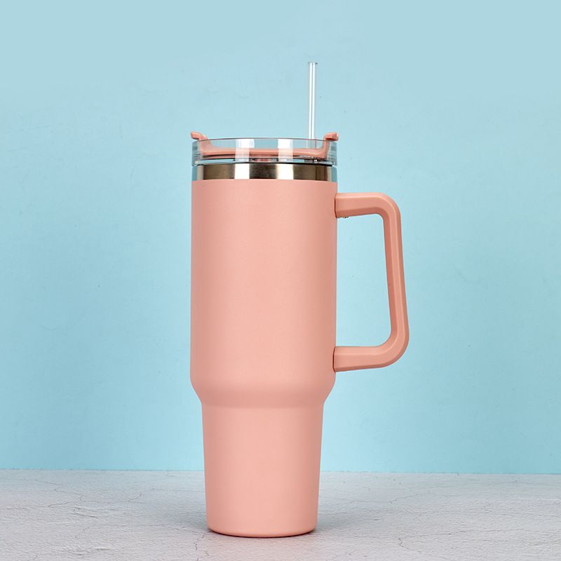 EasyOptionXY 1200ml stainless steel thermal travel mug with handle and straw, designed for coffee and drinks on the go.